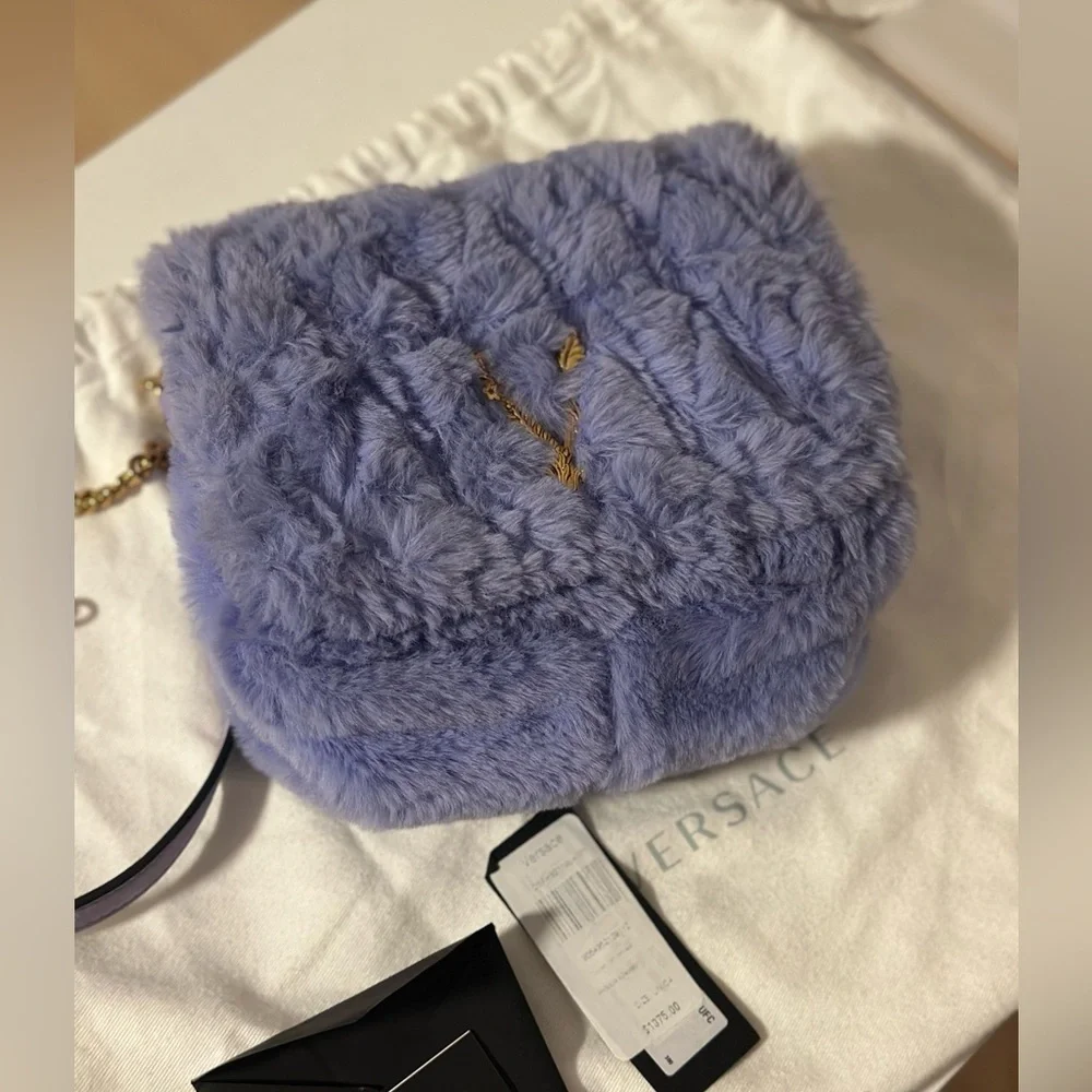 Versace Purple Faux-Fur Virtus Shoulder Bag
